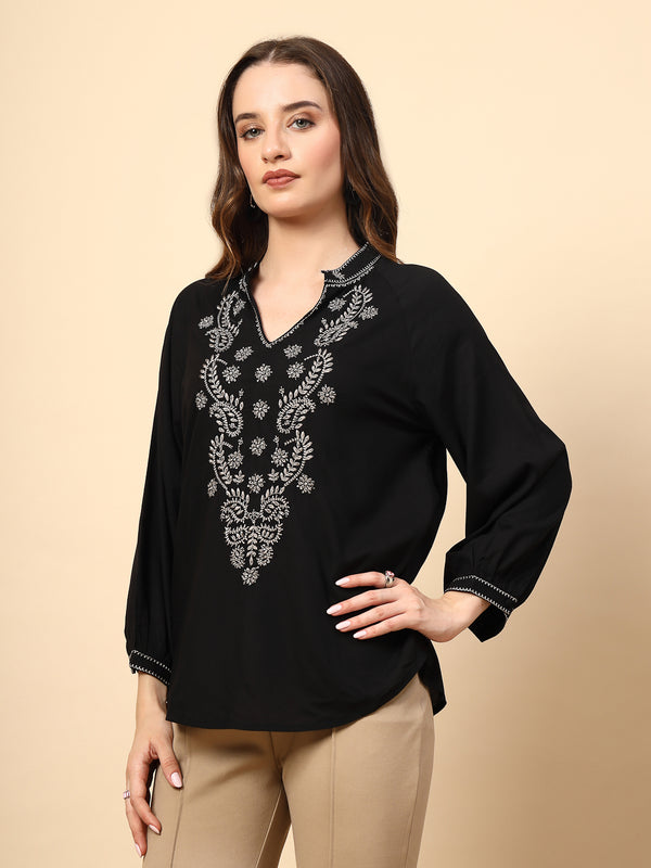 Gipsy Black Rayon Tunic With Embroidery Embellished Front