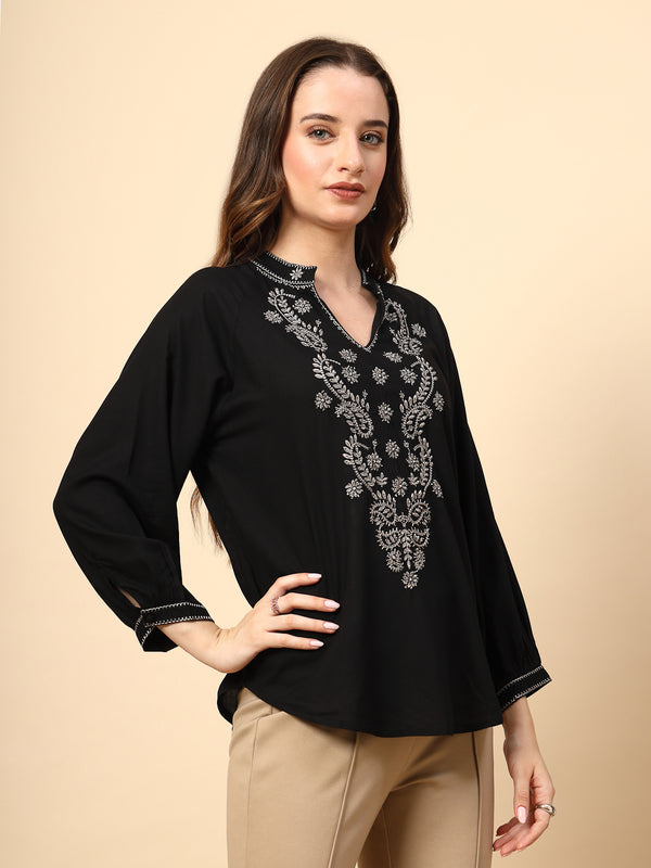 Gipsy Black Rayon Tunic With Embroidery Embellished Front