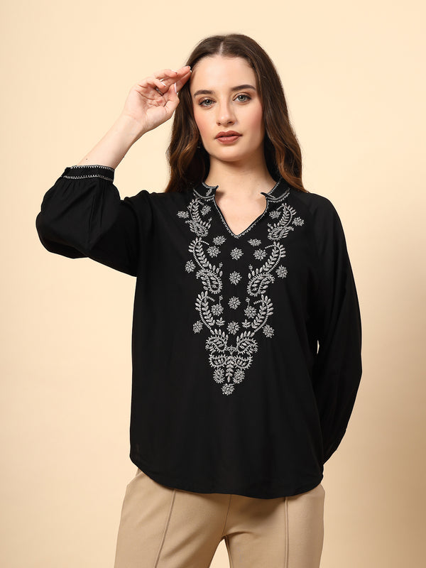 gipsy Black Rayon Tunic with Embroidery Embellished Front
