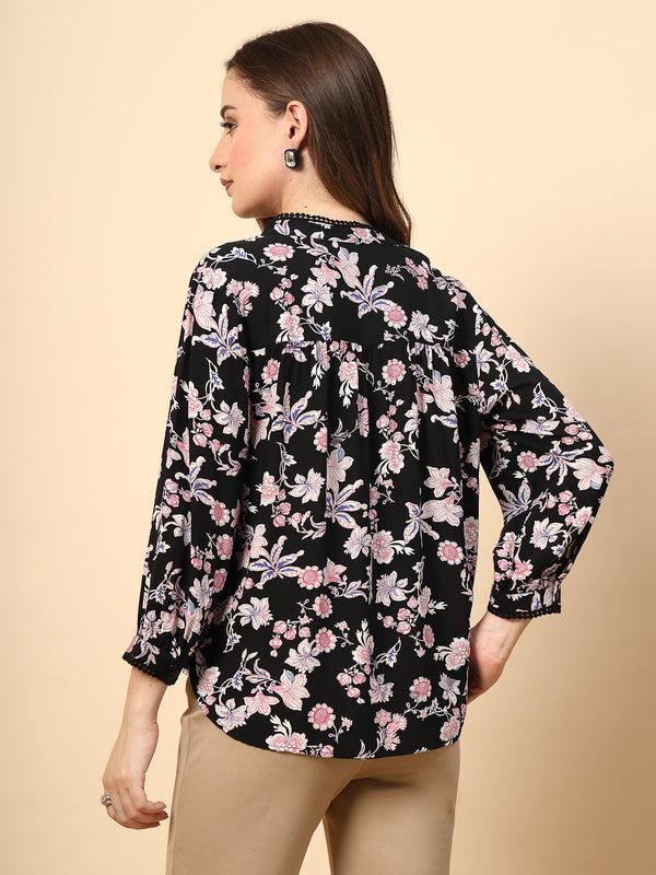 Gipsy Black Tunic With Front Smoking And Lace Attachment