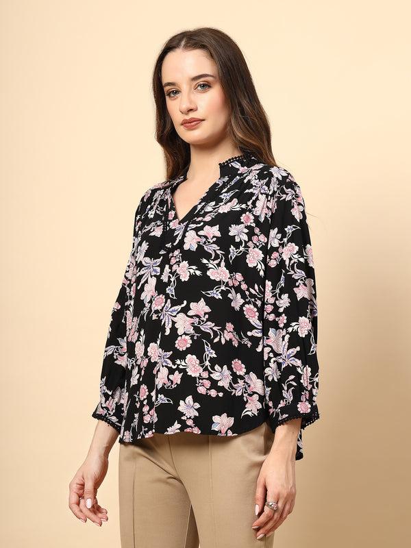 Gipsy Black Tunic With Front Smoking And Lace Attachment