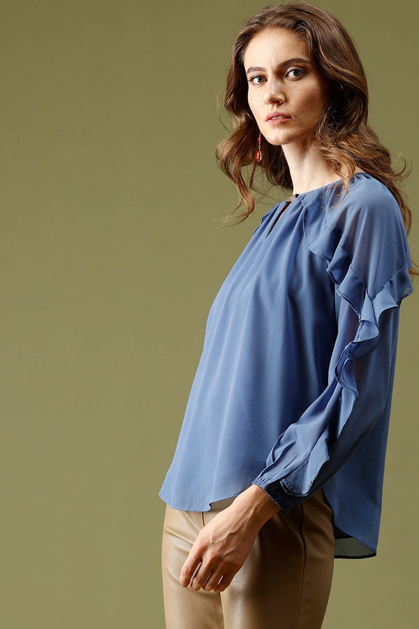 Gipsy Blue Grey Medium Length KeyHole Neck Polyester Top Blue Grey