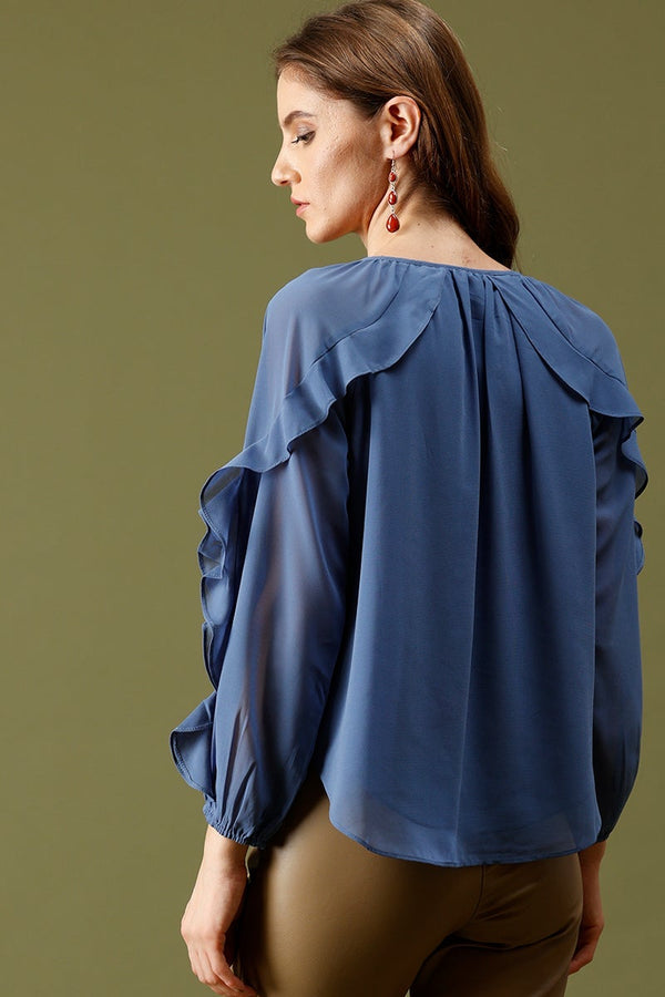 Gipsy Blue Grey Medium Length KeyHole Neck Polyester Top Blue Grey