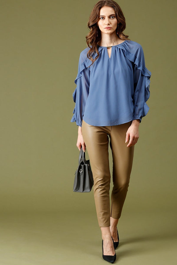 Gipsy Blue Grey Medium Length KeyHole Neck Polyester Top Blue Grey