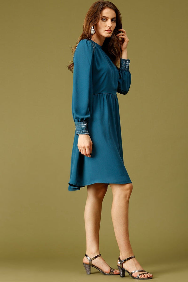 Gipsy Blue Knee Length Choker Neck Long Sleeves Embellished Polyester Dress Blue