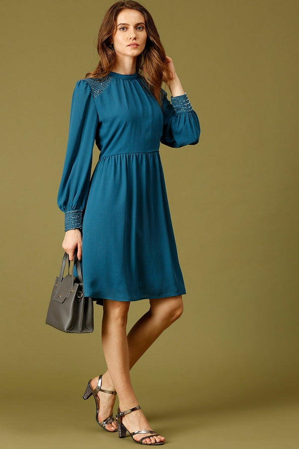 Gipsy Blue Knee Length Choker Neck Long Sleeves Embellished Polyester Dress Blue