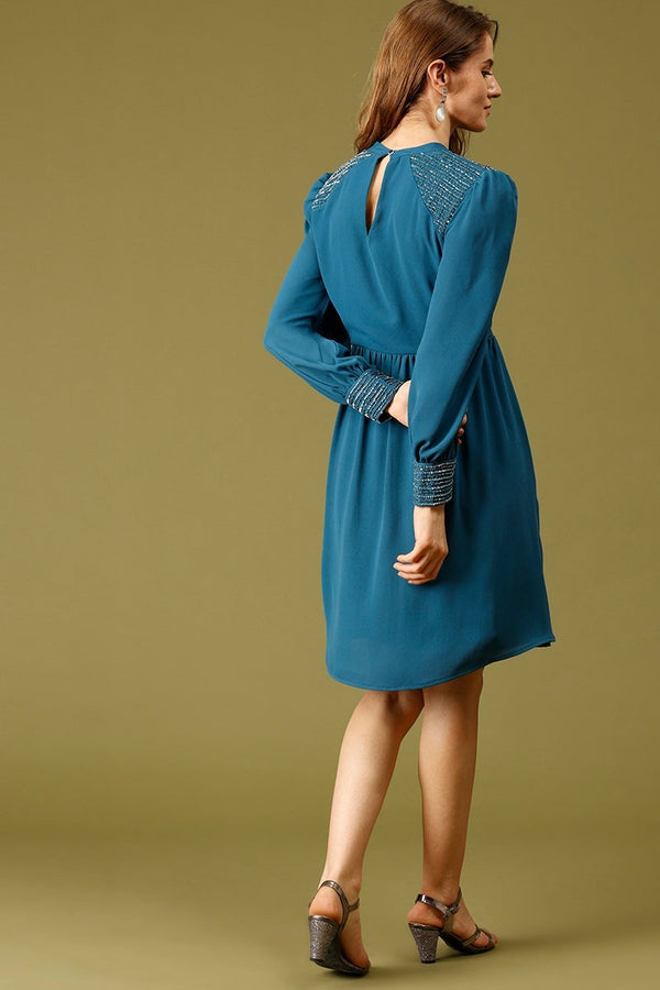 Gipsy Blue Knee Length Choker Neck Long Sleeves Embellished Polyester Dress Blue