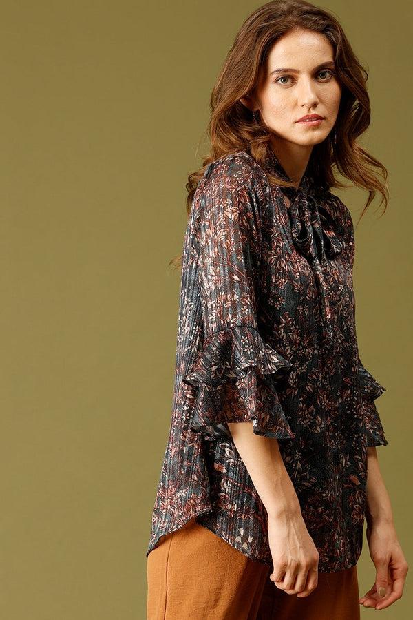 Gipsy Bottle Green Medium Length Tie-Up Neck 3/4th Sleeves Floral Print Synthetics Tunic Bottle Green