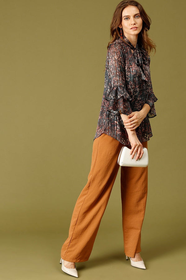 Gipsy Bottle Green Medium Length Tie-Up Neck 3/4th Sleeves Floral Print Synthetics Tunic Bottle Green