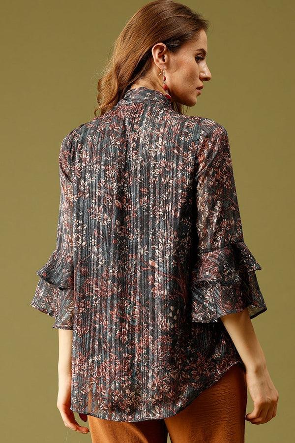 Gipsy Bottle Green Medium Length Tie-Up Neck 3/4th Sleeves Floral Print Synthetics Tunic Bottle Green