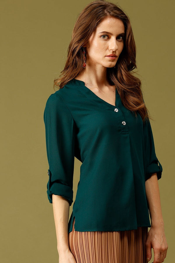 Gipsy Bottle Green Medium Length V-Neck Ployester Tunic Bottle Green