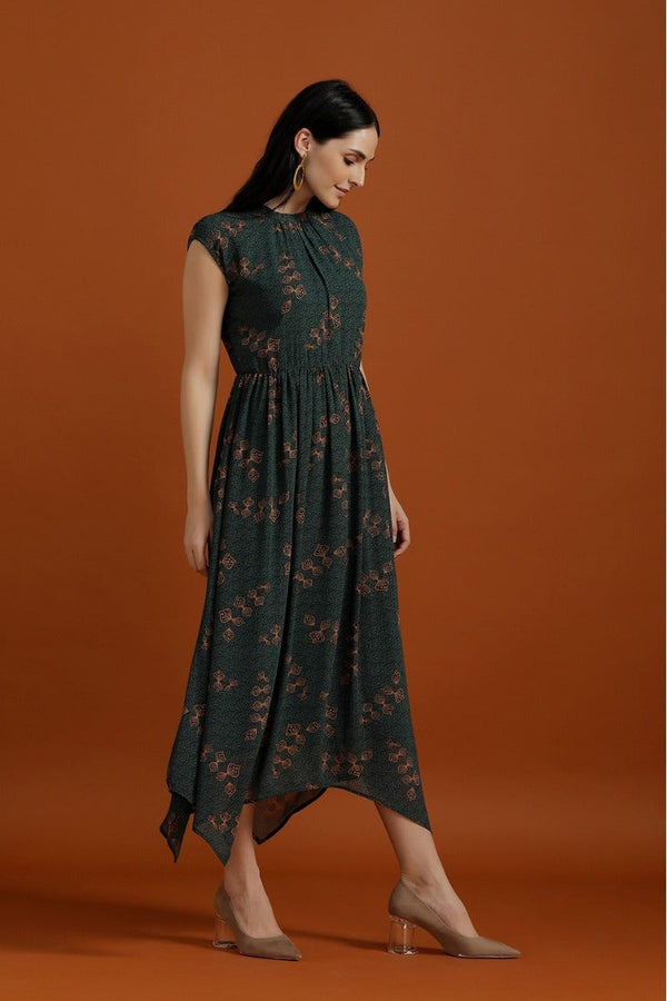 Gipsy Breezy Off Sleeves Printed Dress Bottle Green