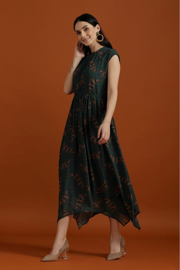 Gipsy Breezy Off Sleeves Printed Dress Bottle Green