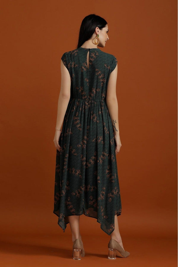 Gipsy Breezy Off Sleeves Printed Dress Bottle Green