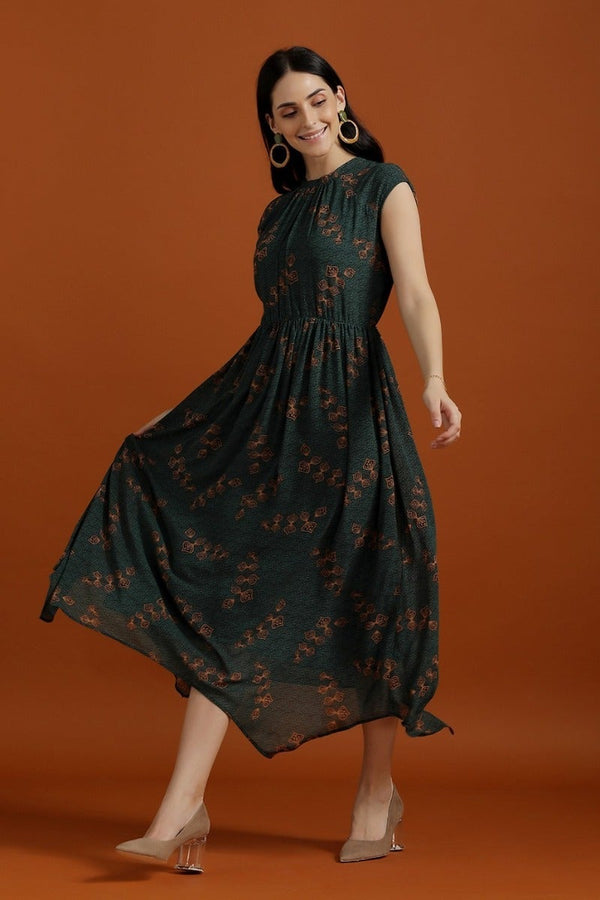 gipsy Breezy Off Sleeves Printed Dress Bottle Green