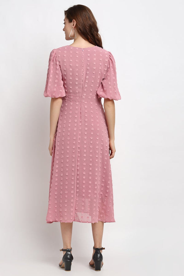 Gipsy Brick Pink Midi Length Round Neck Georgette Dress Brick Pink