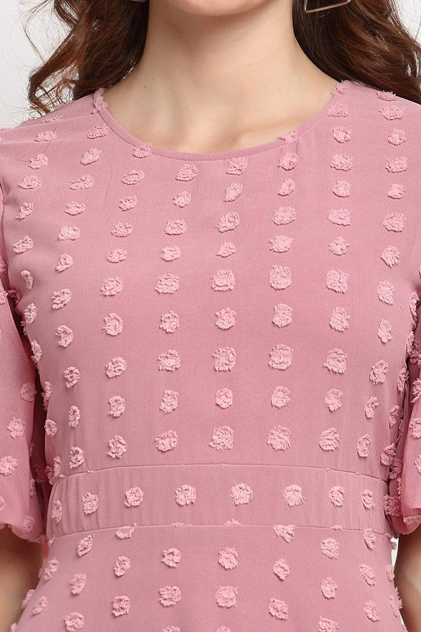 Gipsy Brick Pink Midi Length Round Neck Georgette Dress Brick Pink
