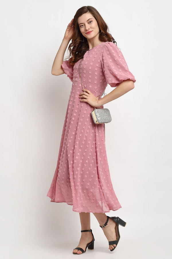 Gipsy Brick Pink Midi Length Round Neck Georgette Dress Brick Pink