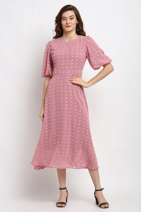 gipsy Brick Pink Midi Length Round Neck Georgette Dress Brick Pink