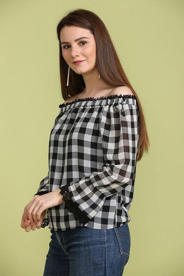 Gipsy Classic Checkered Off Shoulder Top Black/White