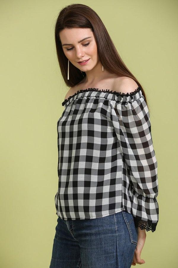 gipsy Classic Checkered Off Shoulder Top Black/White