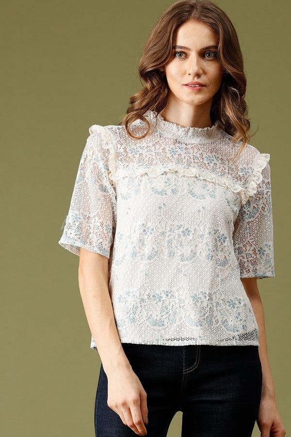 gipsy Cream Medium Length Choker Neck Polyester Top Cream