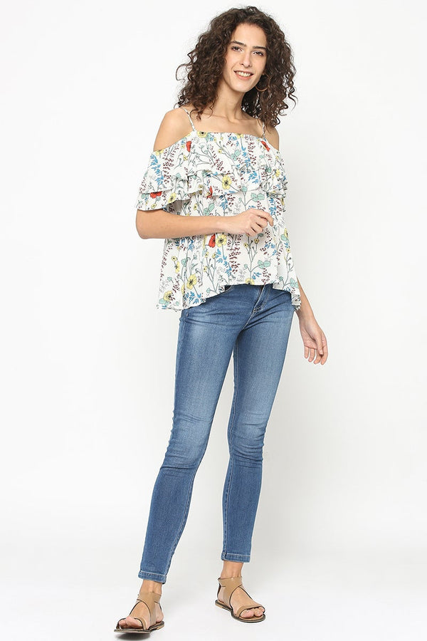 Gipsy Cream Medium Length Square Neck Polyester Blouse Cream