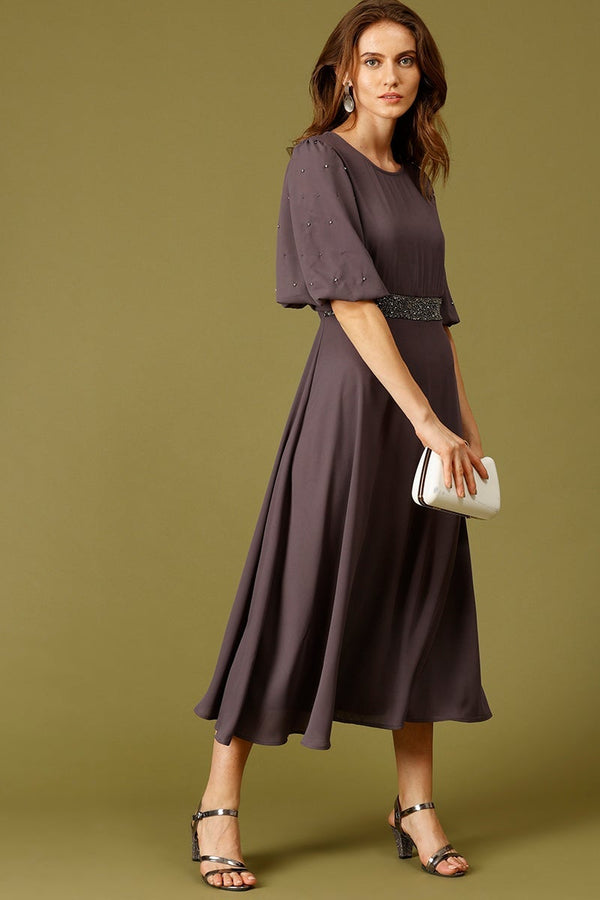 Gipsy Dark Grey Midi Length Round Neck Polyester Dress Dark Grey