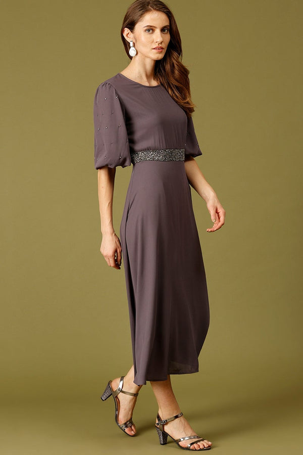 Gipsy Dark Grey Midi Length Round Neck Polyester Dress Dark Grey