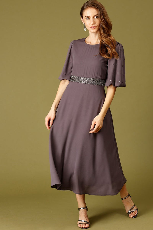 gipsy Dark Grey Midi Length Round Neck Polyester Dress Dark Grey