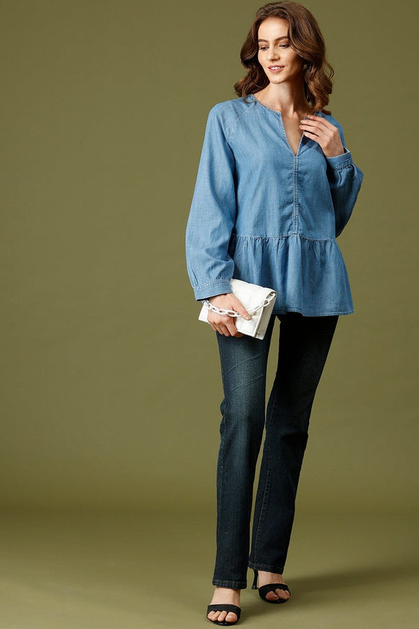 Gipsy Denim Medium Length V-Neck Long Sleeves Denim Tunic Denim