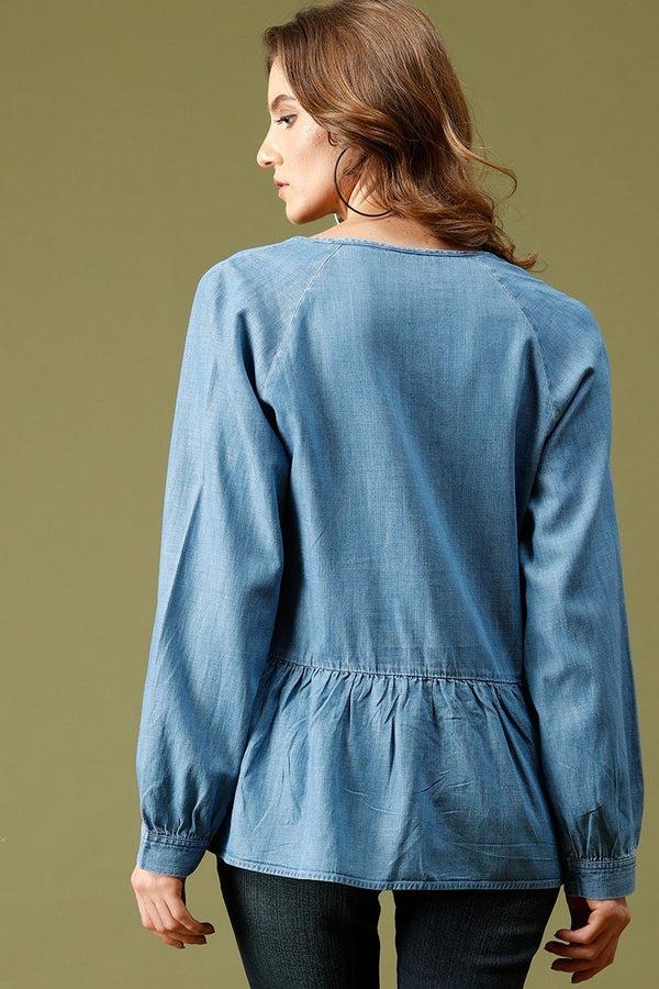 Gipsy Denim Medium Length V-Neck Long Sleeves Denim Tunic Denim