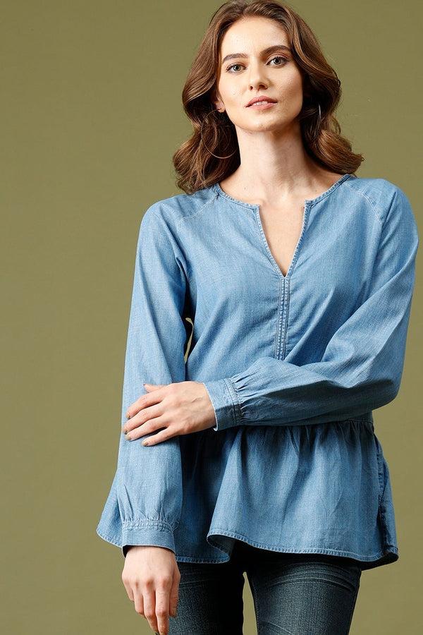 gipsy Denim Medium Length V-Neck Long Sleeves Denim Tunic Denim