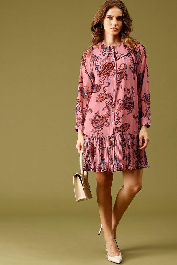Gipsy Dusky Pink Knee Length Peter Pan Collar Long Sleeves Printed Polyester Dress Dusky Pink