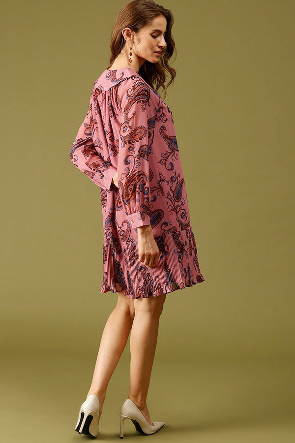 Gipsy Dusky Pink Knee Length Peter Pan Collar Long Sleeves Printed Polyester Dress Dusky Pink