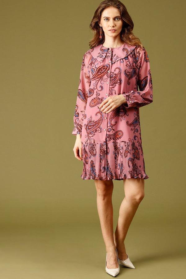 gipsy Dusky Pink Knee Length Peter Pan Collar Long Sleeves Printed Polyester Dress Dusky Pink