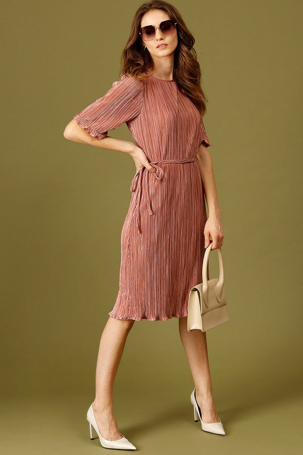 Gipsy Dusky Pink Knee Length Round Neck Short Sleeves Solid Polyester Dress Dusky Pink