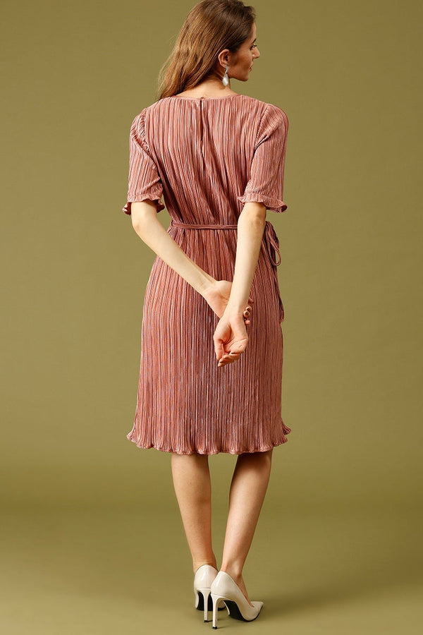 Gipsy Dusky Pink Knee Length Round Neck Short Sleeves Solid Polyester Dress Dusky Pink