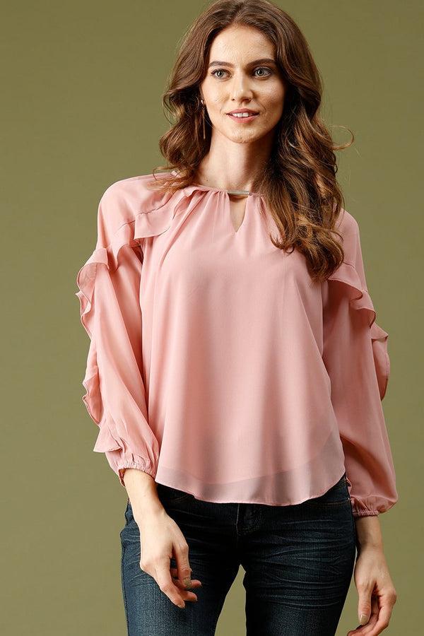 gipsy Dusky Pink Medium Length KeyHole Neck Polyester Top Dusky Pink
