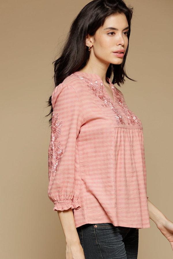 Gipsy Dusky Pink Medium Length Mandarin Collar 3/4th Sleeves Cotton Tunic Dusky Pink