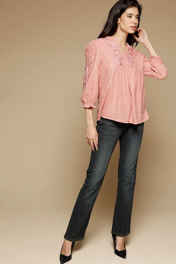 Gipsy Dusky Pink Medium Length Mandarin Collar 3/4th Sleeves Cotton Tunic Dusky Pink