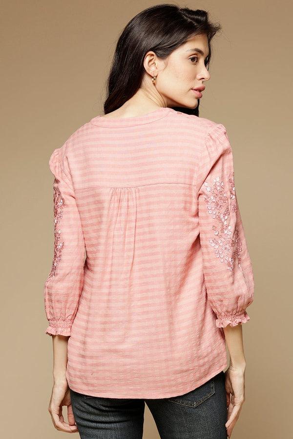 Gipsy Dusky Pink Medium Length Mandarin Collar 3/4th Sleeves Cotton Tunic Dusky Pink