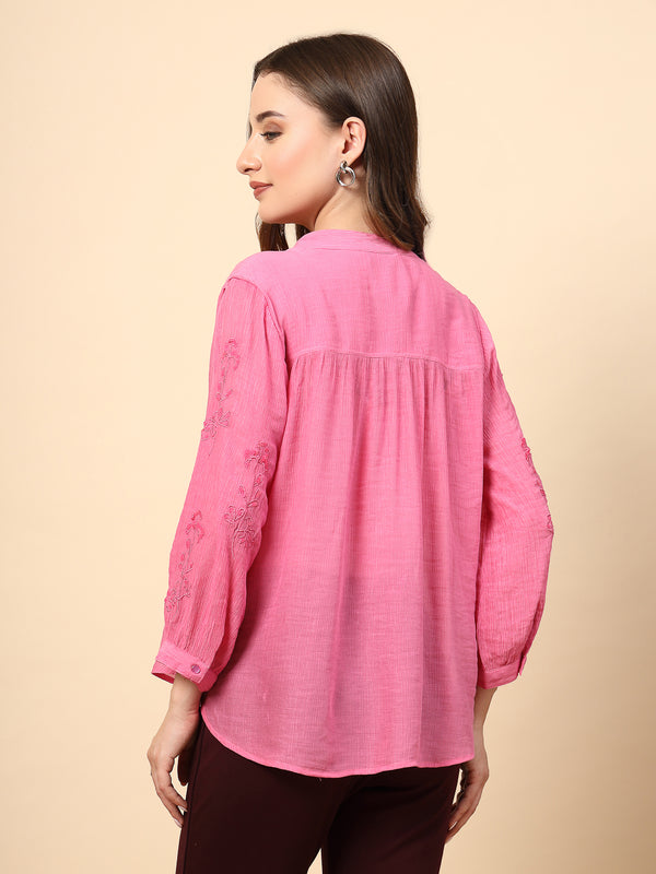 Gipsy Fuchsia Wrinkled Georgette Tunic With Embroidery