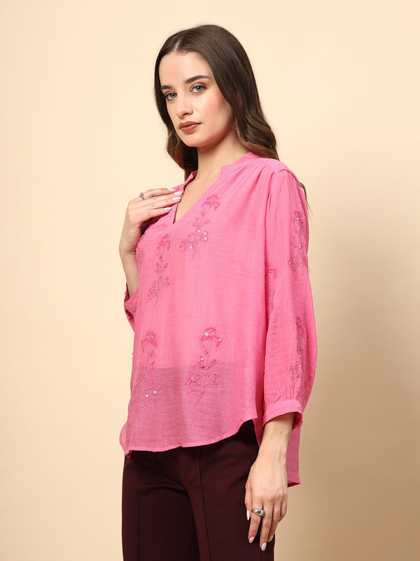 Gipsy Fuchsia Wrinkled Georgette Tunic With Embroidery