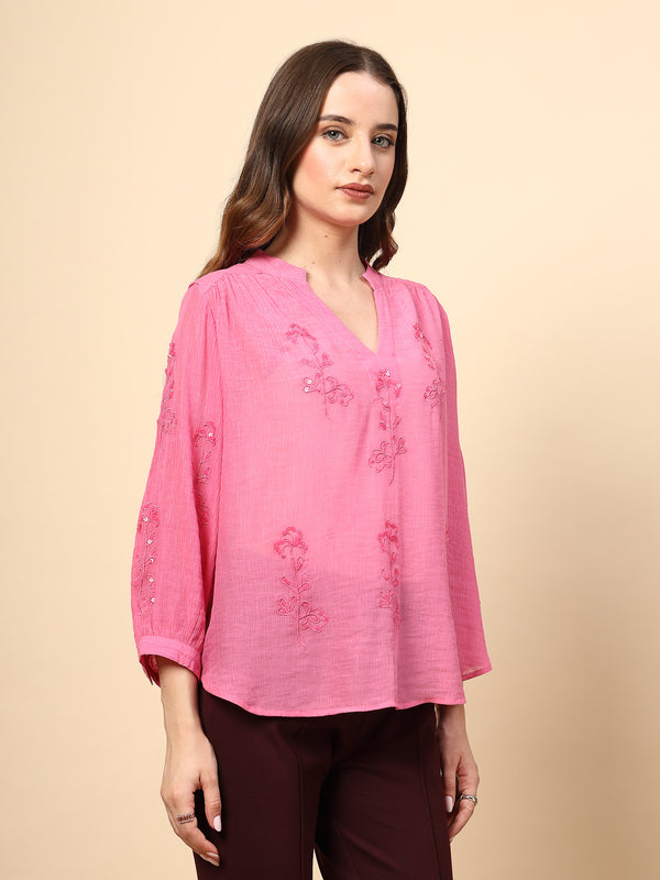 Gipsy Fuchsia Wrinkled Georgette Tunic With Embroidery