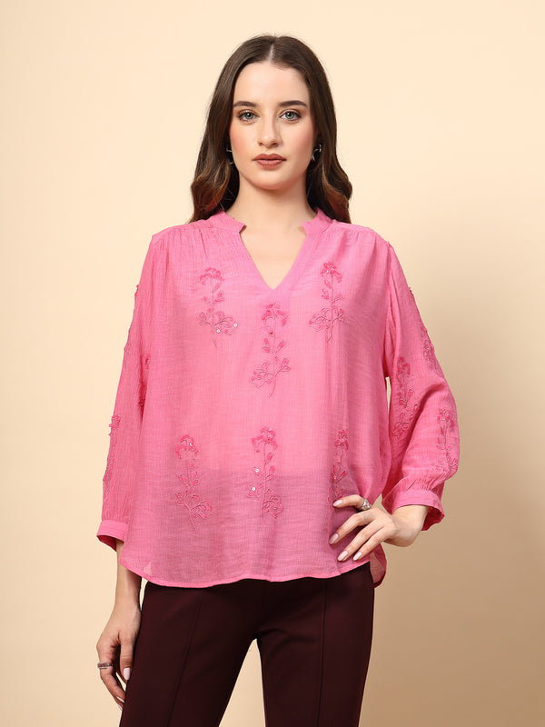 gipsy Fuchsia Wrinkled Georgette Tunic with Embroidery