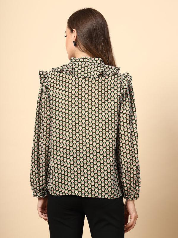 Gipsy Georgette Olive Top With Frill Neck And Dori Finish