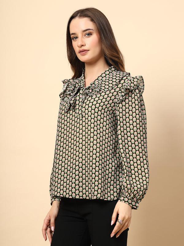 Gipsy Georgette Olive Top With Frill Neck And Dori Finish