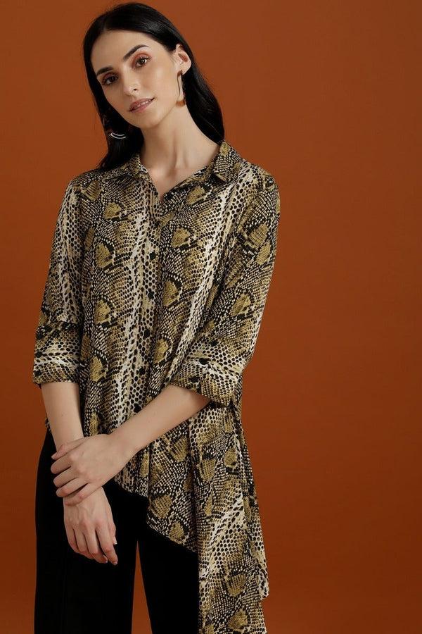 Gipsy Asymmetrical Animal Print Shirt Olive