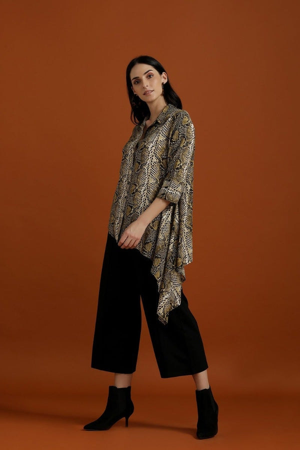 Gipsy Asymmetrical Animal Print Shirt Olive
